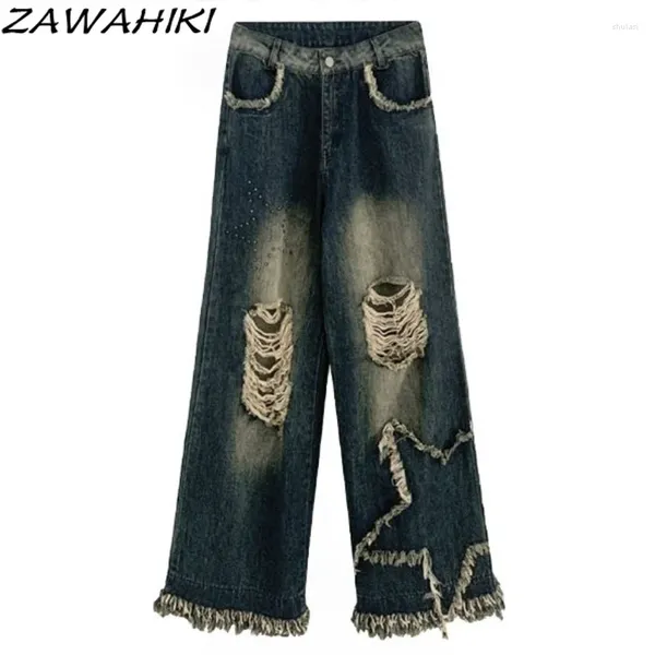 Jeans femininos Hole Tessel American High Street Mulheres de verão Summer Summer Soly Vintage Star Graphic Print Leg Leg Streetwear calças de jeans