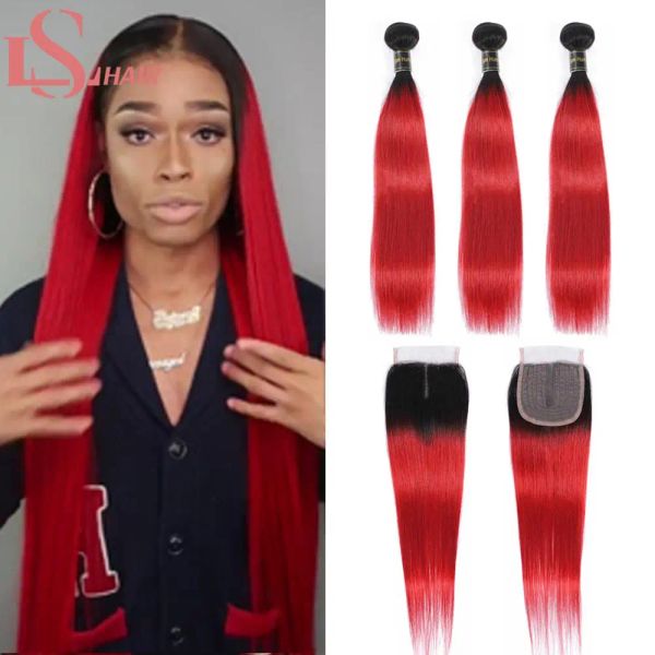 Wigs LS ombre pacotes com fechamento raízes escuras ombre 1b/cabelo humano vermelho cabelos lisos brasileiros 3 feixes vermelhos com fechamento Remy