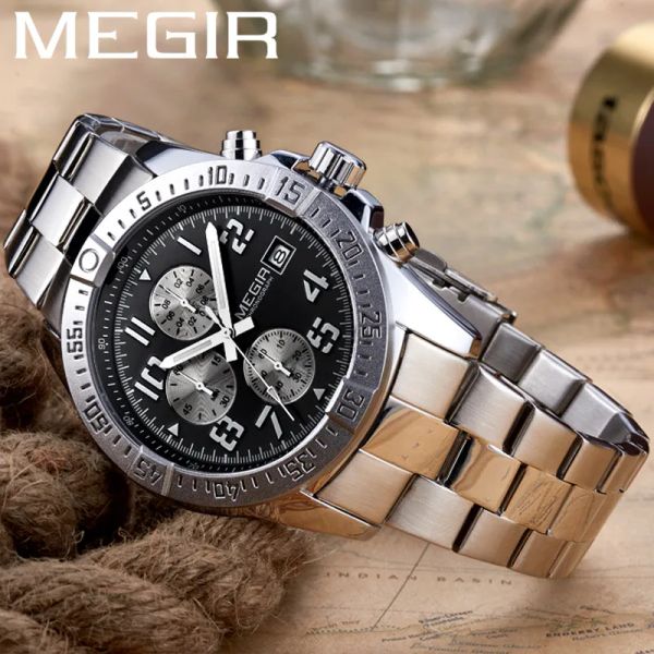 Guarda Megir Top Brand maschile orologio da uomo cronografo orologio da uomo quarzo maschio orologio orologio in acciaio inossidabile sport militare 2030