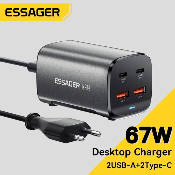 Essager Chargers 67W GAN Desktop Fast Charger USB C CARREGADO RÁPIDO 4.0 QC 3.0 PD USBC Tipo C Para MacBook Samsung iPhone Laptop