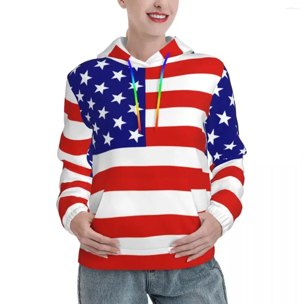Женские толстовка USA Флаг Принт весенние голубые звезды и полосы уличная одежда.