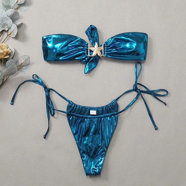 Edelstein Blue Glossy Bikini 2024 Frauenkleidung Badeanzug Sommer Beach Urlaub Outfits Tanga Badeanzug Bandau Backless Badebode 240424