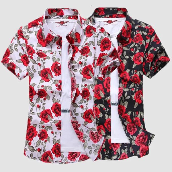 Camicia a maniche corte bianche stampato bianco per uomini Hawaii rose flower camicie hawaian vacanza camisa chimica 240419