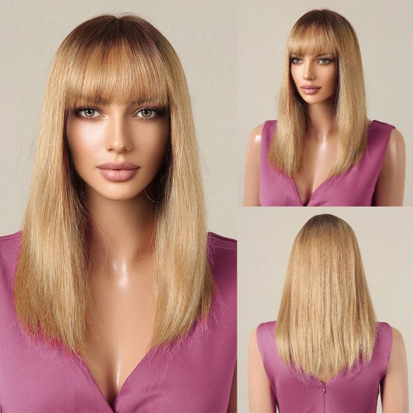 Perucas douradas loira marrom reta 100% Remy Human Hair Wig para mulheres perucas curtas naturais com franja 14 polegadas Humanos resistentes ao calor