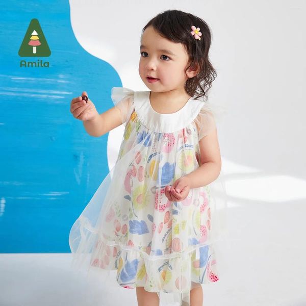 Vestidos de menina Amila vestido bebê 2024 verão fofo de estampa de flor de malha de malha doce