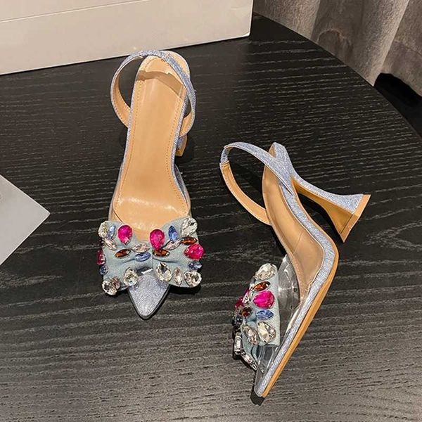 Sandalen Liyke Fashion Design Edelstein Bowknot Frauen Pumps sexy spitze Zehen Blau Denim Strange High Heels Schuhe Ladies PVC Transparent Sandall2404