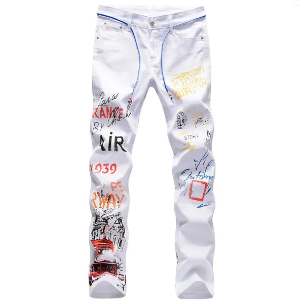 Jeans masculino letra graffiti branco 2024 impressão de moda slim masculino skinny para homens jeans punk calças jean homme