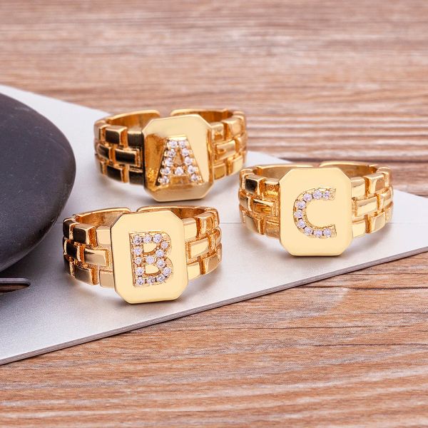 Bande Nuovo Arrivo Fashion Gold Color Anello iniziale Design Open Design Regolabile Sale Hot WatchBand Chain Az Lettere Zircon Rings for Women