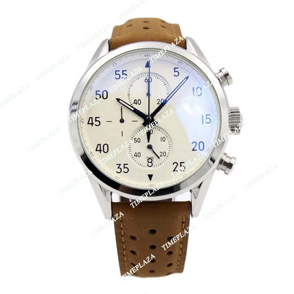 Novo estilo clássico Novo ArrivalCalibre SpaceX Chrono Flyback Stopwatch Dial Branco Corrente de couro marrom Mens relógios esportes gent Watch VK Cronógrafo