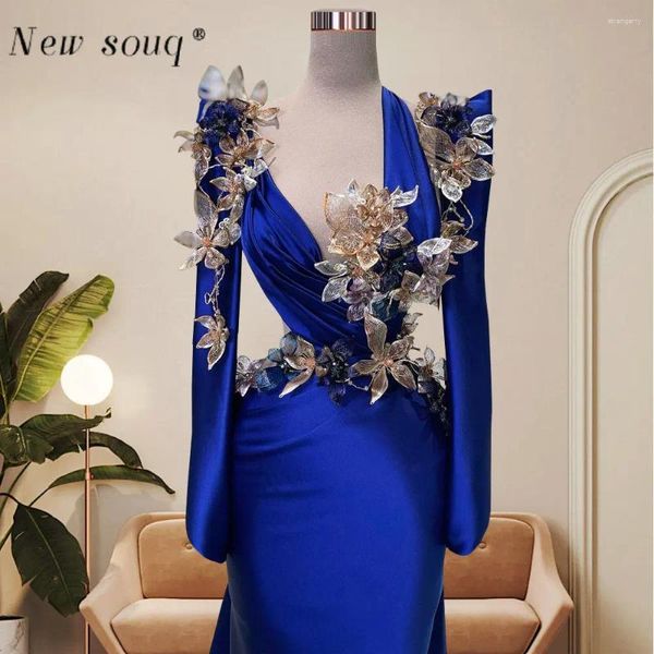 Abiti per feste Royal Blue Sexy Deep V Neckline Long Maniche impreziositi da Fiori 3D Occasioni speciali Abiti di cerimonia