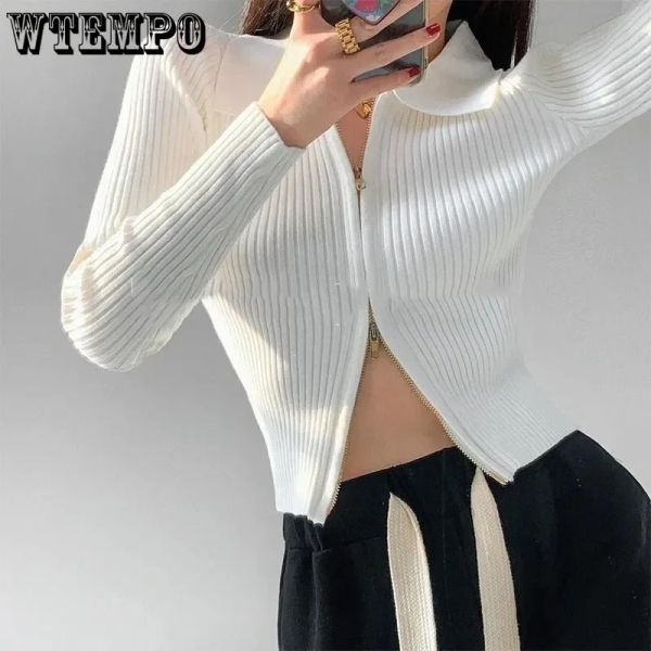 Strickjacke White Strick Strickpolo Polo Kragen Slim Damen Long Sleeve Crop Top Double End Reißverschluss High Tailleed Navel Exposed Hotsweet Herbst