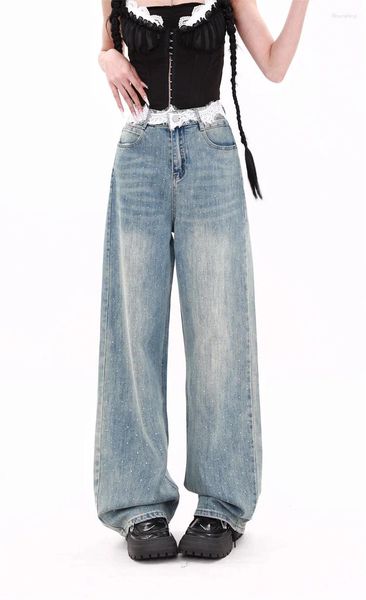 Design de jeans feminino Design de renda de verão Tain menina Young Street Rua reta Bottoms vintage calças casuais calças de perna larga