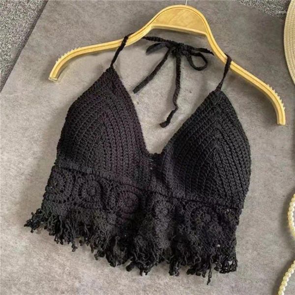 Roupa de ioga Mulheres Summer Summer Colet Sexy Hollow Out Plain Halter Strap Crop Tops de Crochet Biquíni Top Top Top Top Top