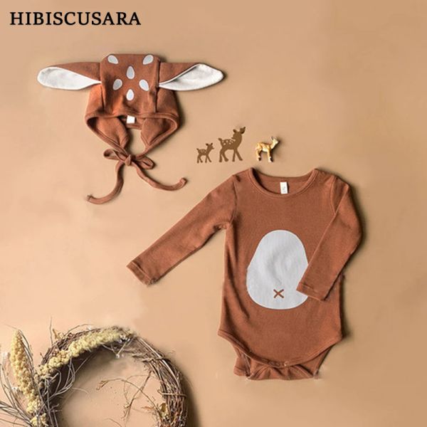 Tek parçalar sevimli bebek sika geyik romper şapka 2pcs setler kahverengi bebek erkek kız bodysuit kapak kıyafetleri uzun kollu sonbahar kış