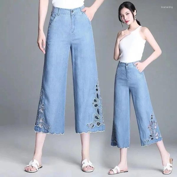 Frauen Jeans Sommer Elastiziert Taille Leichte leicht ausgestattete Weitbein Hosen Frauen Jeans coole Eisseide Sticke für die Hose der Weibchen