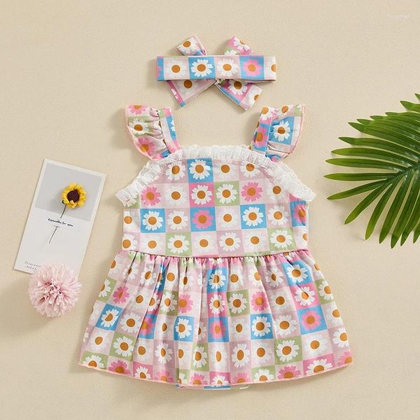 Kleidungsstücke säuglings Babymädchen Kleidung Sommer Strampler Kleid Daisy Plaid Boho Spitzen Rüschen ärmellose Jumpsuit Bogenstirnband Outfit