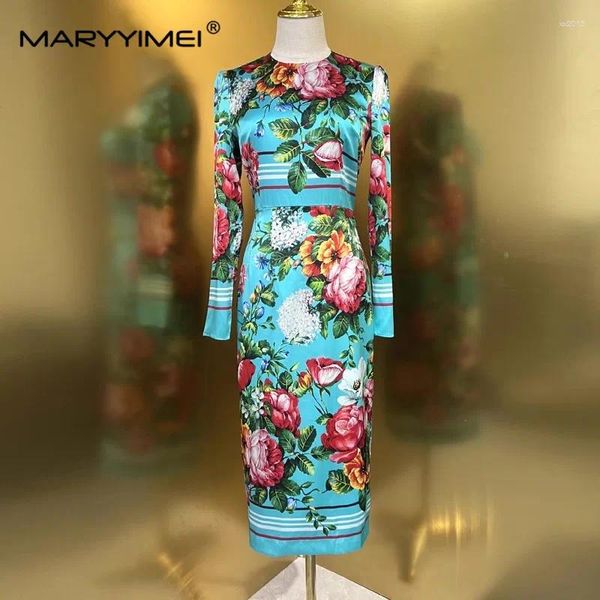 Vestidos casuais Maryyimei 2024 Seda Spring Summer Moda feminina Vestido feminino Long Slim Holiday Floral Print Lápis