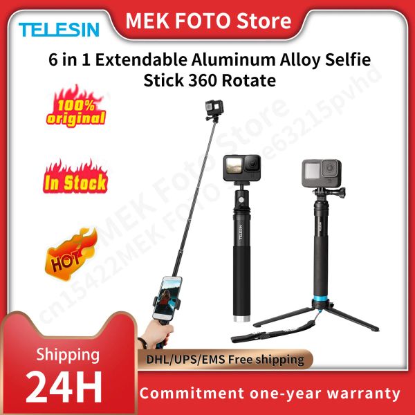 Sticks Telesin 6 in 1 Erweiterbare Aluminiumlegierung Selfie Stick 360 Drehen + abnehmbarer Stativmontage -Telefonhalter für GoPro Insta360 SJCAM