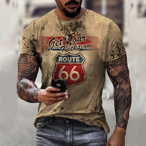 Yaz erkek tişörtler vintage kısa kollu Amerika rotası 66 mektup 3d baskılı moda o boyun tişörtleri büyük boy üst adam tees kumaş 240419