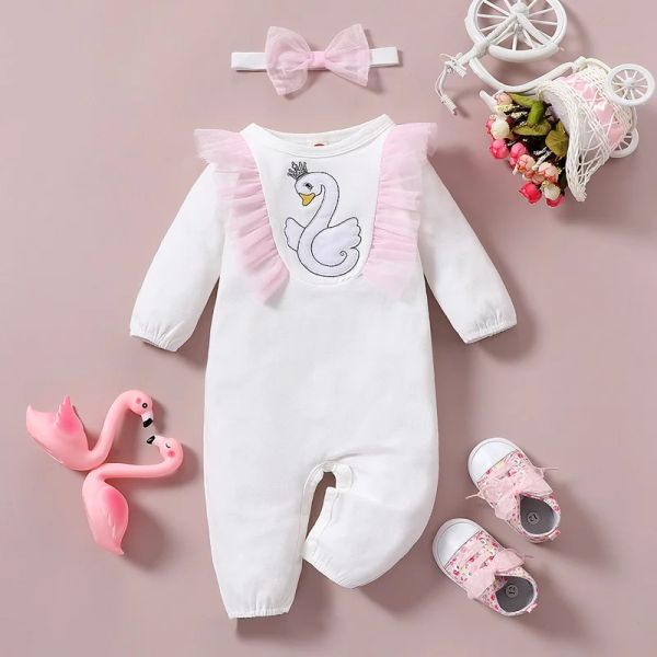 Pieces novas primavera Autumn Roupos de bebê menina 2pcs cisne bordado malha de babados de manga longa macacão de bebê+banda de cabeça bebê macacão 018m