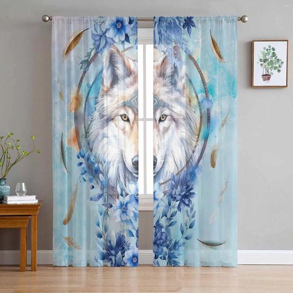 Vorhang Aquarell Wolf Blume Feder Schneeflocken blaue Vorhänge für Schlafzimmer Wohnzimmer Voile Fenster Tüll Vorhänge