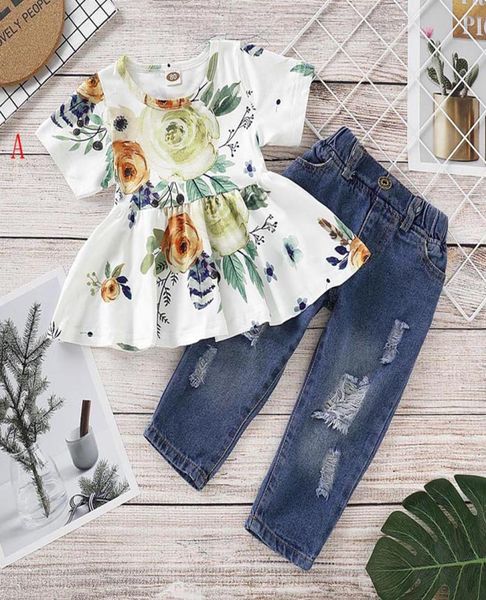 3 Farben Baby Girl Summer Clothing Sets Oneck Kurzarm Full Flower Print Hemd Denim Pant Summer Girl Kleidung Set6643640