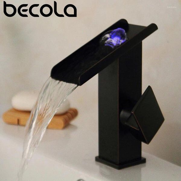 Waschbecken Wasserhähne Becola drei Farben LED LED Light Bars Wasserfall Basin Wasserhahn für Badezimmer.Der schwarze Decks -Quadrat -Waschtischmixer Tap