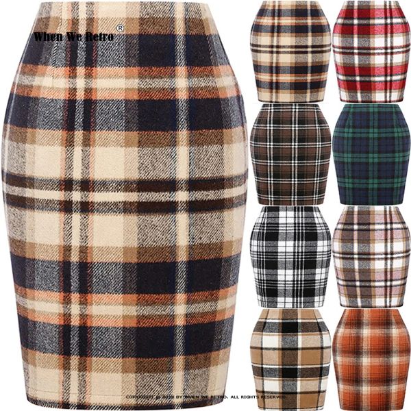 Röcke New Green Plaid Wollpackrock hohe Taille Bodycon Vintage Office Bleistift Rock für Frauen Rücken Reißverschluss Schlitz Midi Rock VD3594