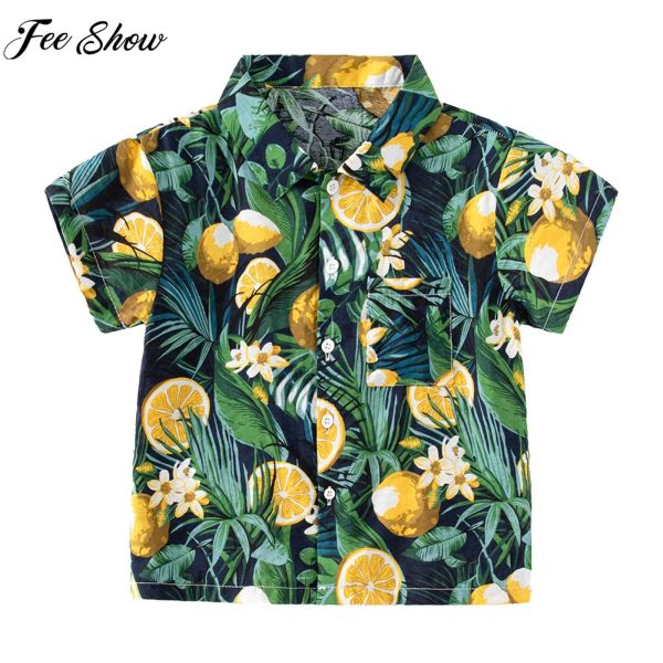 Camisas Little meninos de manga curta Casual estilo tropical camisa infantil impressão de verão Tops havaianos para férias à beira -mar Daily Wear Loungewear