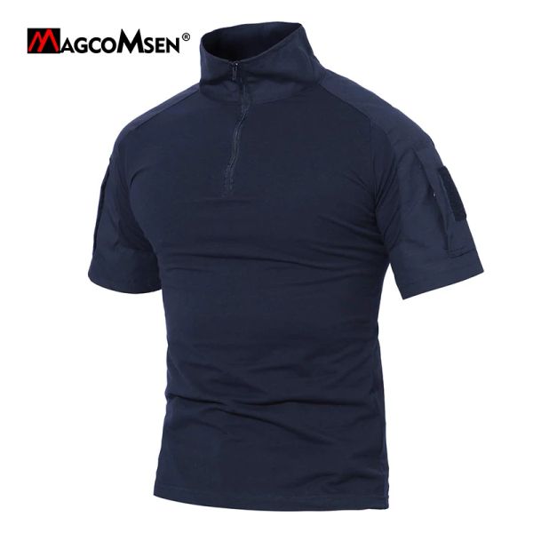 Camisetas Magcomsen Camiseta do exército masculino Manga curta Camiseta tática 1/4 Zip Camise de camiseta de roupas militares para o trabalho ao ar livre Caminhando de caminhada