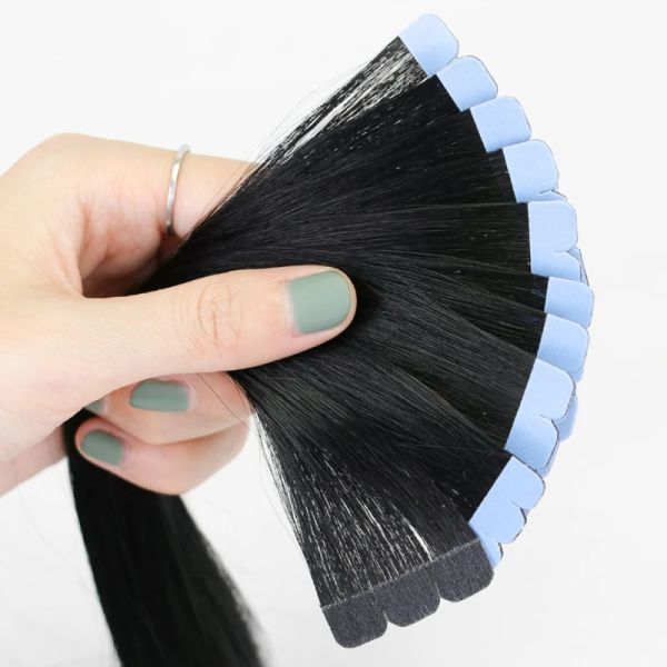 Scheuchter 01# Jet Black Mini Tape in Haarverlängerungen menschliches Haar natürliches Haar Auslöses Blonde 3x0,8 cm Band Ins 10pcs/Pack Highlight Style