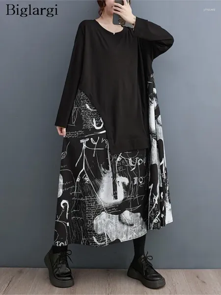 Lässige Kleider übergroßer Herbstkleid Frauen Graffiti Print Modes Patchwork Ladies Plisel lose Ärmel Frau 2024