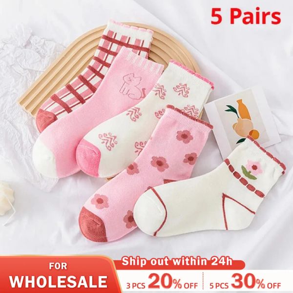 Леггинсы 5 пар розовые цветочные вязание теплые детский носки для девочек носки дети жены милые мультфильмы средние чулки