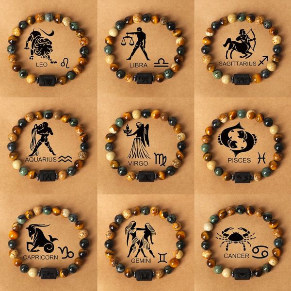 Fios 12 signos do zodíaco charme de constelação pulseiras homme mulheres tigre olho casal bacelete sagitário aquarius leo jóias de amizade