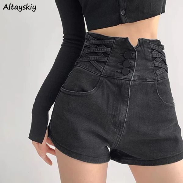 Shorts jeans s-5xl Mulheres de cintura alta verão CRISS-CROSS Design vintage Fashion All-Match Female Female Sweet Casual 240418