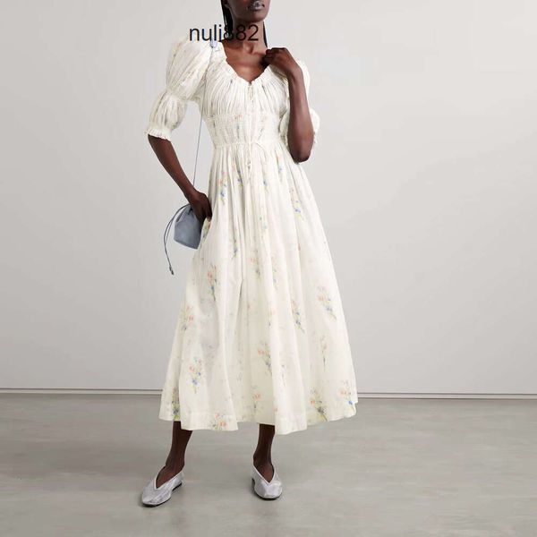 Damenkleid Modemarke Baumwoll weiße Blumendruck halb Ärmeln gesammelte Taille Midi Kleid