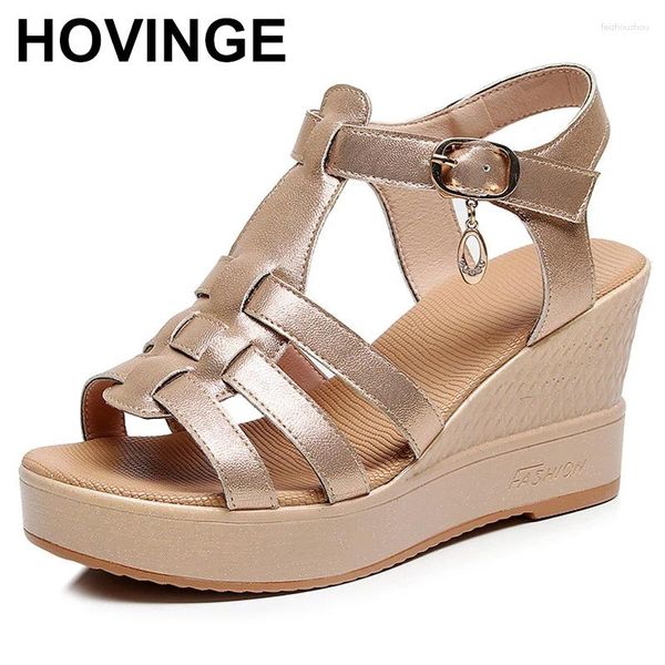 Sandálias 2024 Top venda de couro genuíno mulheres cunhas altas sapatos de plataforma fivela ladies Summer casual