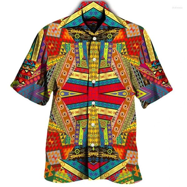 Herren lässige Hemden farbenfrohe Böhmen afrikanische Grafik für Männer Kleidung Mode Herren Kurzarm Y2K Lapel Bluse Sommer Beach Tops