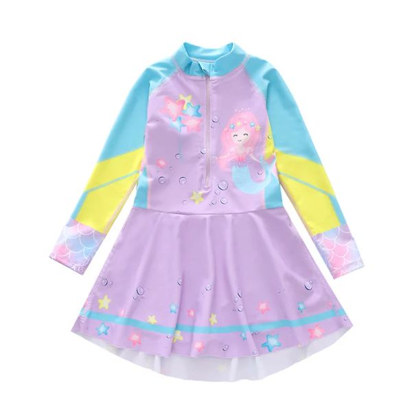 Moda de banho happyflute onepiece estilo estilo de manga longa canto plano proteção solar proveção de princesas maiôs de garotas para crianças