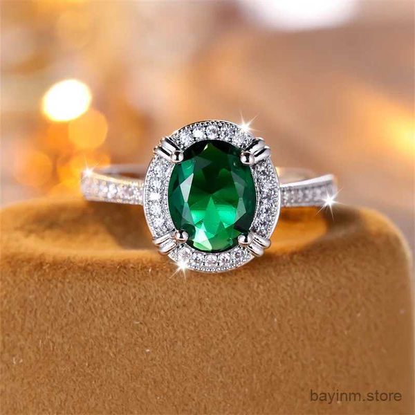 Anelli di nozze Classic Oval Green Stone Wedding Bands Silver Colore Silver Female Zircone Zircone Vintage Promise Anelli di fidanzamento per le donne gioielli