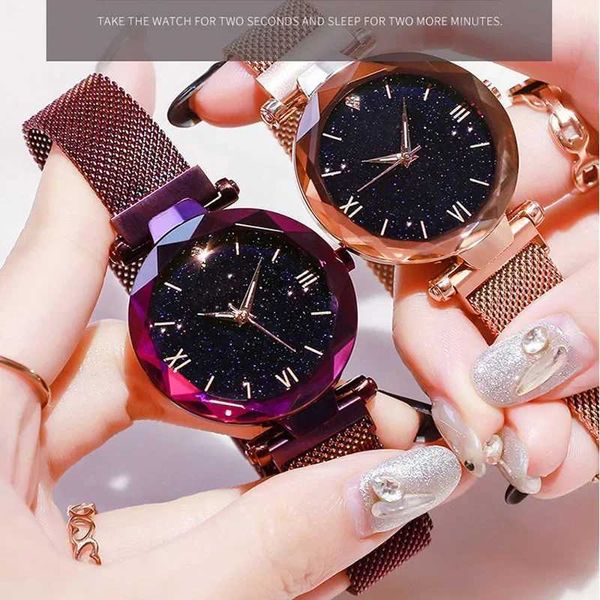 Наручительные часы Женщины мода Starry Sky Watch Magnet Buckle Mesh Belt Diamond Quartz Watch Женщины одеваются часы -наручные часы Reloj Para Mujer 240423