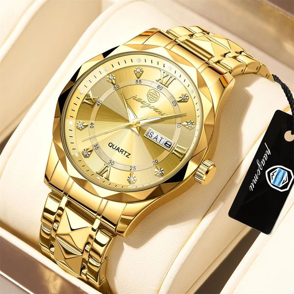 Модные мужские золотые часы из нержавеющей стали роскошные минималистские Quartz Watch Watch Men Business Casual Calendar Watch Reloj Hombre 240417