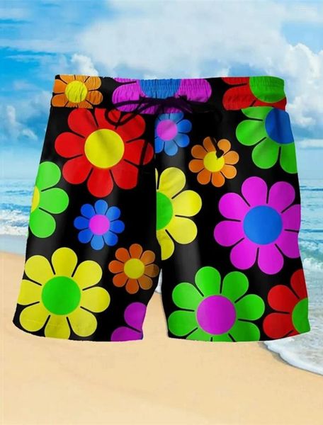 Shorts masculinos Flor Floral Graphic 3D Placa impressa Turncos de natação Treating String Rick seco curto casual havaiano havaiano