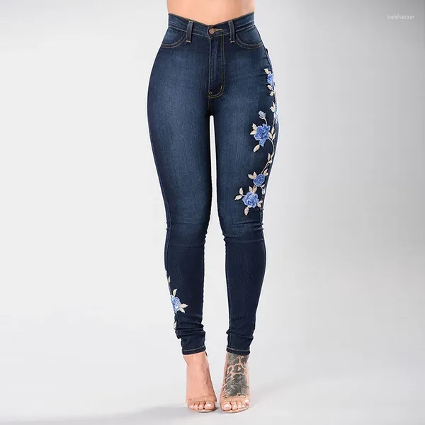 Jeans femininos Cantura alta mulher mal -as -luta de damas magras jeggings calças de flores xxxl bordado para mulheres