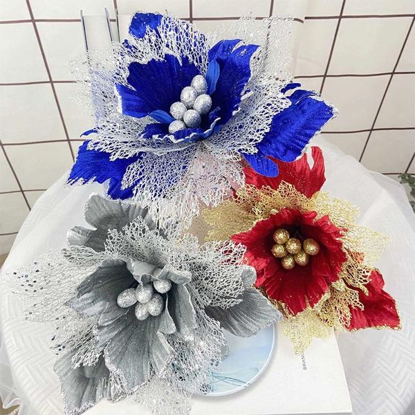 Fiori decorativi fiore artificiale buon Natale decorazione blu ghirlanda retrò accessori fai -da -te felice anno 2024 falso