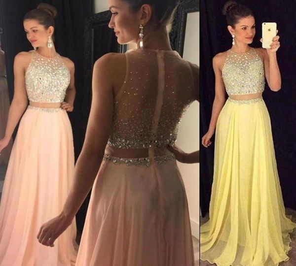 Neue billige Illusion Zwei Stücke Prom Kleider Juwel Hals gelb Pfirsich Chiffon Lange Kristallperlen 2 Stück offenes Partykleid.