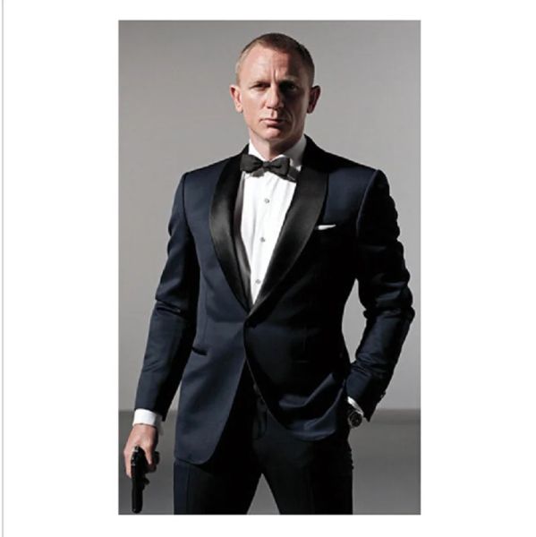 Джакеки классический стиль темно -синий смокинг, вдохновленные мужчинами, костюмом, носящими в свадебном костюме Джеймса Бонда для мужских брюк, брюки Bound Black