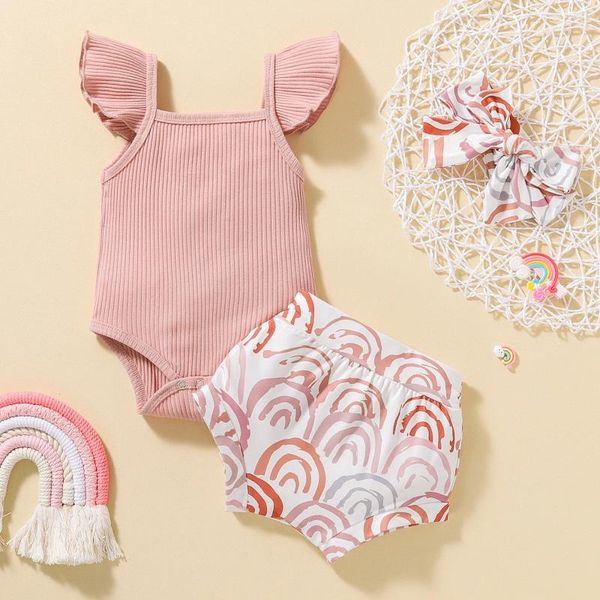 Kleidung Sets Baby Girl Summer Clothes Set Mode geborene Säuglingsstrick -Baumwoll -Rüschen Strampler Shorts Bogenstirnband 3pcs für Kleinkindoutfits