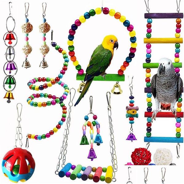Другое питомец поставляется птичьим попугаем свинги, жевательные игрушки натуральный деревянный висящий колокольчик с гамаком для подъема лестницы Colorf Birds Cage Toy Dhue0