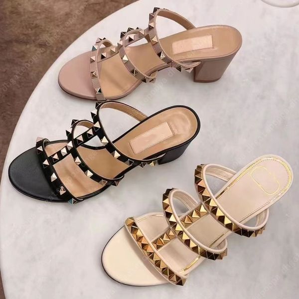 Tasarımcı Yüksek Topuk VT Sandal Elbise Ayakkabı Ayak Bileği Strap Roman Saplamalar Slingback Siyah Çıplak Şerit Perçinler Kadın Stiletto Blok Topuk Boyutu 35-42